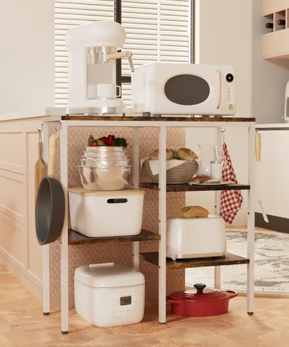 Miniatura 8 de Soporte de horno microondas de 4 niveles, estación de café ajustable para electrodomésticos pequeños, estante para panadería con 4 ganchos y 7