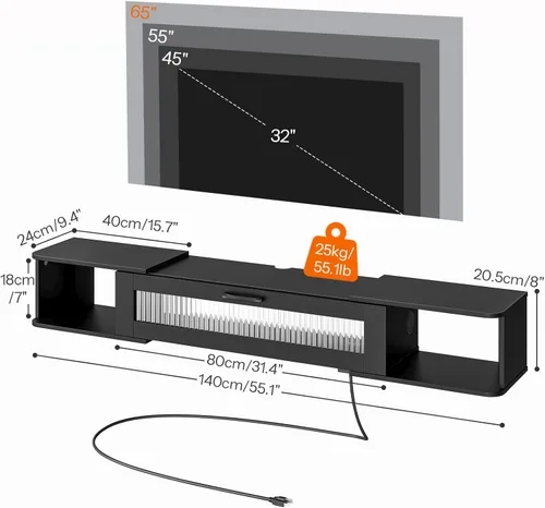 Miniatura 3 de HOOBRO Soporte de TV flotante con luz LED y toma de corriente para televisores de hasta 65 pulgadas, estante de TV montado en la pared, consola