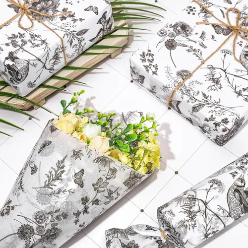 Miniatura 3 de Whaline 100 hojas de papel de seda floral negro vintage chinoiserie Toile flor pájaro mariposa papel de regalo para bricolaje, manualidades