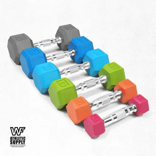 Miniatura 4 de WF Athletic Supply Mancuernas hexagonales con revestimiento de goma Black & COLOR con mango cromado contorneado, entrenamiento de cuerpo completo