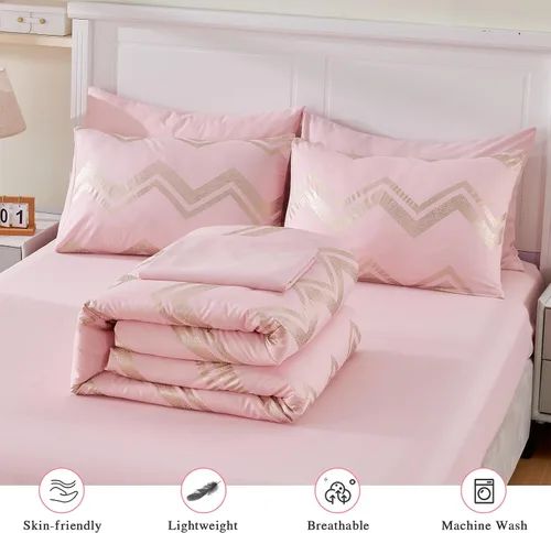 Miniatura 8 de Juego de ropa de cama para niñas, edredón rosa dorado para cama tamaño queen, 7 piezas, juego de ropa de cama dorado con purpurina en lámina