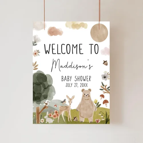 Miniatura 10 de Cartel de bienvenida de baby shower, cartel de bienvenida editable con texto en inglés "It's a Girl Woodland", letrero de bienvenida de baby shower