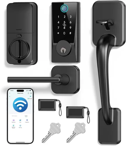 Cerradura inteligente WiFi con asa, cerradura de puerta WiFi integrada, cerrojo de entrada sin llave para puerta delantera, huellas dactilares,