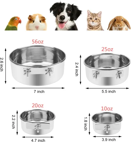 Miniatura 5 de Tazón de agua para alimentos para mascotas con soporte de abrazadera, comedero colgante de acero inoxidable para perro, pájaro, loro, gato, conejo 1