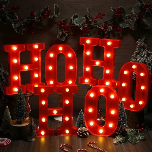 Miniatura 3 de 6 piezas de decoración de centro de mesa de Navidad con luces LED, letras iluminadas, señal de Ho Ho, decoración de mesa de Navidad para centro