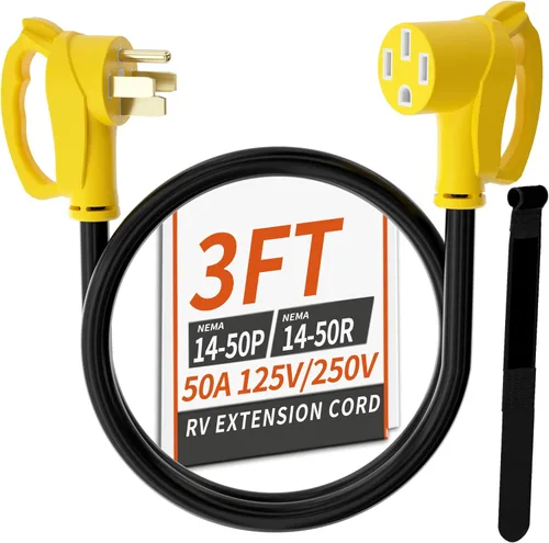 PlugSaf NEMA 14-50P/14-50R 3 pies 50 Amp cable de extensión RV/EV para exteriores con mango de agarre, cable de alimentación RV STW flexible de 4