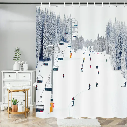 Miniatura 3 de NYMB Cortina de ducha deportiva, para invierno, vacaciones, viajes, nieve, esquí, teleférico, tela de poliéster, para baño, juego de accesorios