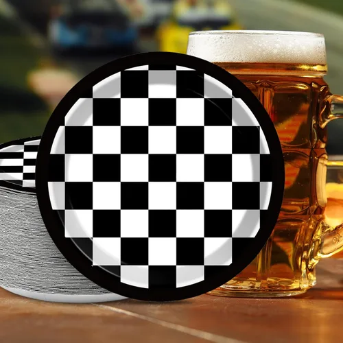 Miniatura 4 de 48 platos de papel de fiesta con bandera a cuadros en blanco y negro para suministros de fiesta de autos de carreras de 7 pulgadas, platos de postre