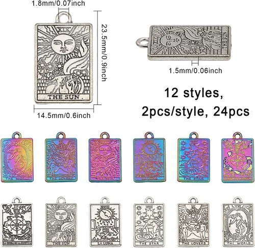 Miniatura 2 de CHGCRAFT 24 dijes de cartas de tarot de 12 estilos, colgantes de aleación chapados en rectángel, para manualidades, pulseras, aretes, collares