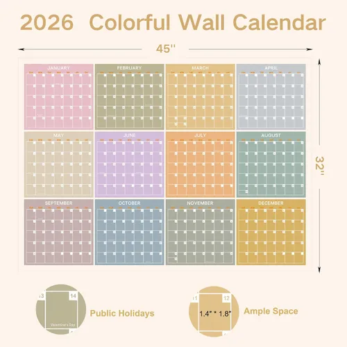 Miniatura 2 de Calendario anual de pared 2026, colorido calendario de pared grande de un vistazo, calendario de 12 meses para pared, una página, horizontal, 32 x