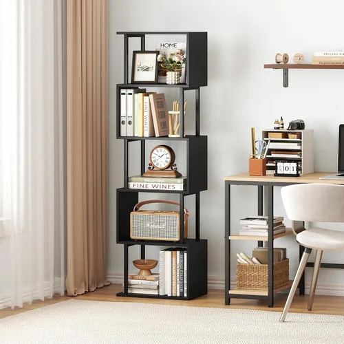 Miniatura 4 de Yusong Estantería de 5 niveles, estantería geométrica en forma de S para dormitorio, estante decorativo de madera moderna para oficina en casa, Negro
