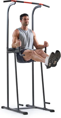 Sunny Health & Fitness Power Tower Dip Station & Pull-Up Bar, Multi-Function Strength Training Equipment with Captain’s Chair, Push-Up Bars & Core