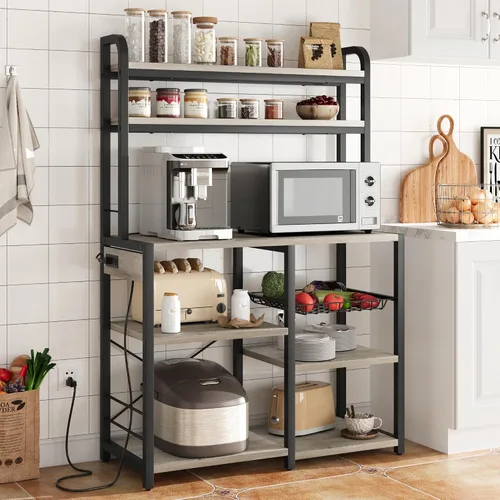 Miniatura 8 de IDEALHOUSE Estante para panaderos con toma de corriente, barra de café con cajón de alambre, soporte industrial para microondas, mesa de buffet