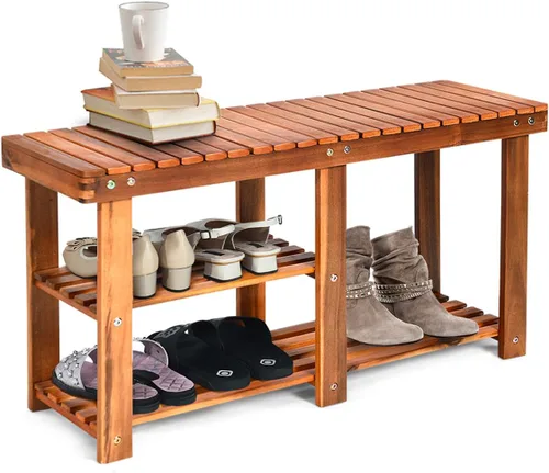 KOTEK Zapatero de 3 niveles, banco de almacenamiento de madera de acacia premium, organizador de zapatos multifuncional con almacenamiento de botas,