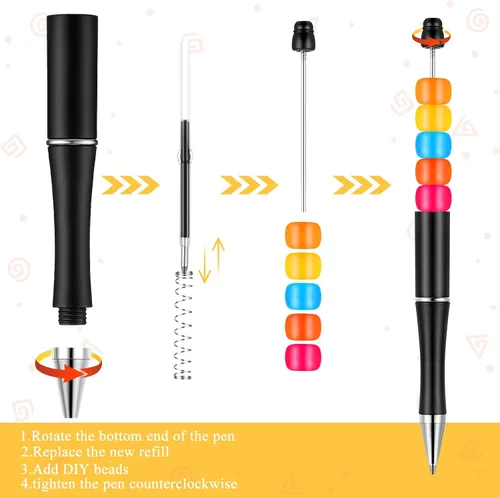 Miniatura 3 de Crtiin Kit de 100 bolígrafos de plástico con cuentas de 50 cuentas, con 50 recambios para manualidades, regalo para oficina (negro)