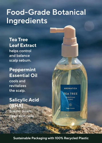 Miniatura 5 de AROMATICA Tónico purificador de árbol de té, parabenos, silicona, sin sulfato, vegano, tónico calmante y refrescante para el tratamiento del cuero