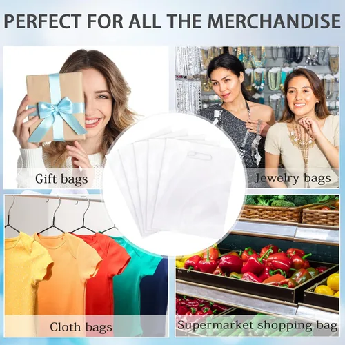 Miniatura 2 de Sinmoe Paquete de 200 bolsas de plástico con asas, mercancía de plástico a granel con mango troquelado, bolsas de regalo de LDPE para pequeñas