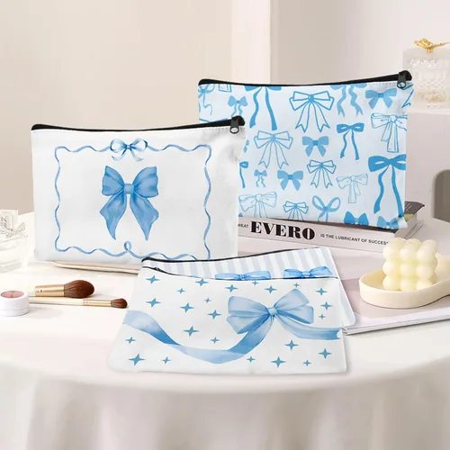Miniatura 4 de 30 bolsas de maquillaje con lazo azul, bolsas de cosméticos con lazo coqueta para mujeres, bolsa de aseo de viaje, bolsa de aseo de coqueta