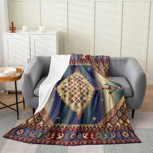 Erosebridal Manta Bohemia de Tiro 40x50 Pulgadas, Retro Azul Amarillo Degradado Rojo Floral Bohemio Tribal de Vellón, Vintage Antiguo Enrejado