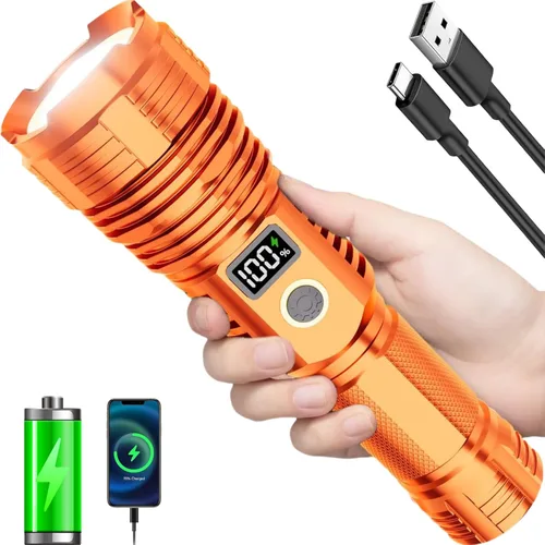 Miniatura 9 de Linternas recargables de alto lúmenes, 10000 lm LED súper brillante, linternas con zoom con pantalla digital LCD, 5 modos, impermeable, potente Negro