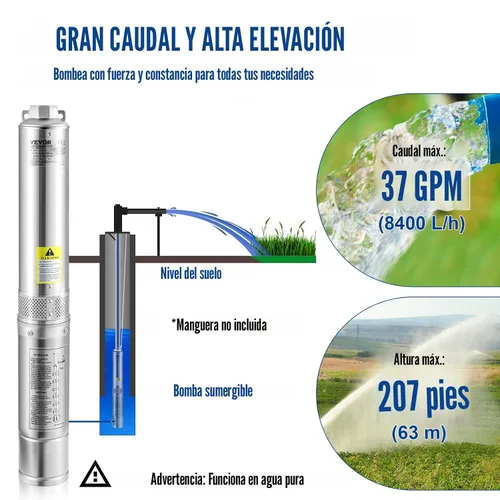 Miniatura 3 de VEVOR - Bomba sumergible de acero inox. de 4 pulg para pozo profundo, 1HP 230V/60Hz, flujo de 37 GPM, cabezal de 207 pies, cable eléctrico de 33