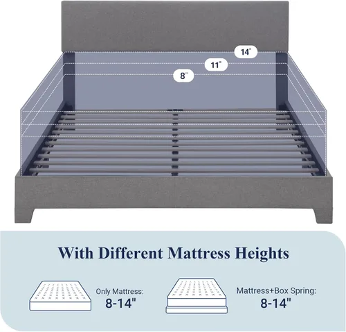 Miniatura 7 de Base de cama Allewie de tamaño matrimonial con cabecera ajustable, cama tapizada con plataforma y listones de madera, base de colchón resistente,