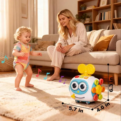 Miniatura 2 de MoraBaby Cubo musical de robot para niños pequeños de 1 a 3 años, cubo de actividades Montessori 6 en 1 con luces y sonidos, ruedas para el tiempo