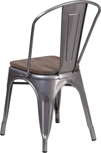 Miniatura 8 de Merrick Lane Silla de comedor apilable con respaldo de listones verticales de metal, marco recubierto transparente, asiento de madera de olmo