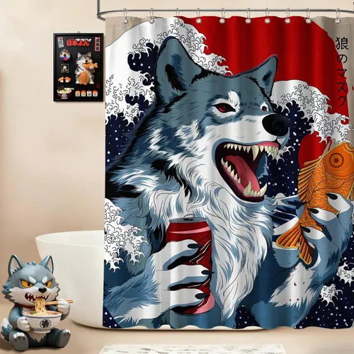 Miniatura 33 de Cortina de ducha estrecha con diseño de gato negro y animé japonés para casa rodante, juegos de decoración de baño, tela impermeable con ganchos, 36