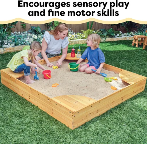 Miniatura 8 de KidKraft Caja de arena de madera para patio trasero con asiento de esquina integrado y cubierta de malla, muebles de exterior para niños, miel