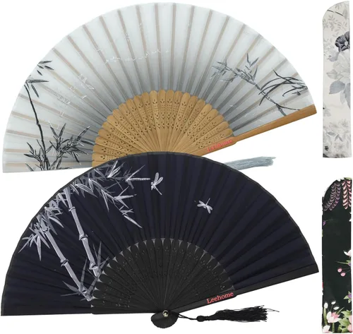 Miniatura 12 de Abanicos de mano plegables pequeños para mujer, 2 abanicos chinos japoneses de seda de bambú vintage, para baile, festival de música, boda, fiesta
