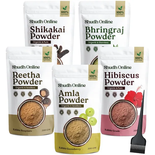 Miniatura 8 de Combo de Polvo de Mascarilla Capilar Herbal Shudh Online, Polvo Herbal Ayurvédico Indio para el Crecimiento del Cabello (250g, 8.8oz), Bhringraj