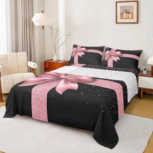 Castle Fairy Juego de sábanas con lazo, juego de sábanas de diamante con purpurina para niños, juego de ropa de cama rosa y negro para niños y
