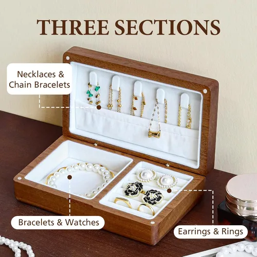 Miniatura 3 de LadyRosian Joyero pequeño de madera Mini joyero de viaje de madera, organizador portátil para anillos, aretes, collares y pulseras, almacenamiento