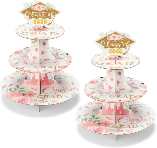 Tioncy Juego de 2 soportes florales de 3 niveles para cupcakes de graduación para 24 cupcakes, decoración de tapa de graduación de cartón para