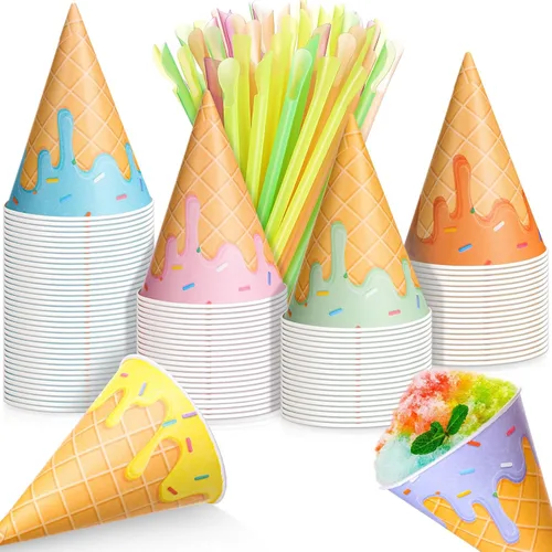 Miniatura 9 de Boao Juego de 100 tazas de cono de nieve de 4.5 onzas y pajitas de papel desechables, jarabe, lunares dorados, a prueba de fugas, suministros