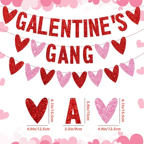 Miniatura 2 de 3 piezas de decoración del día de los galentinos, pancarta con purpurina de la banda de Galentine con guirnalda de corazón de amor, decoración