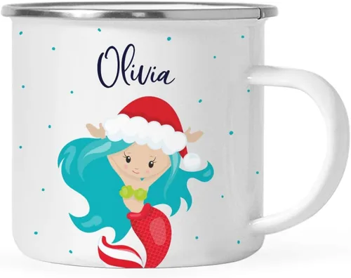 Andaz Press Taza de café de acero inoxidable con nombre personalizado de 11 onzas para niños, diseño de sirena festiva, 1 paquete, taza de Navidad
