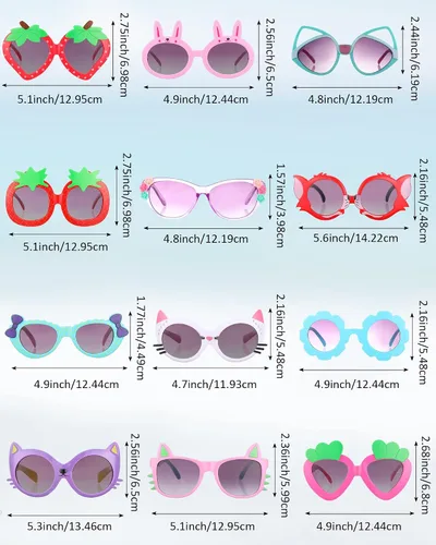 Miniatura 2 de Weewooday 12 pares de lentes de sol para niños, diseño de fresa, gato, flor, corazón, para fiesta, caricatura, gafas de sol para niños