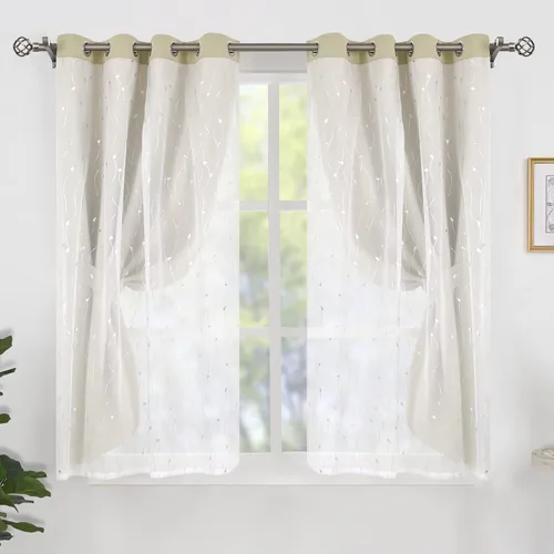 Miniatura 2 de BGment Cortinas de oscurecimiento de habitación con superposición transparente, cortinas de tul estampado plateado de doble capa para sala de estar