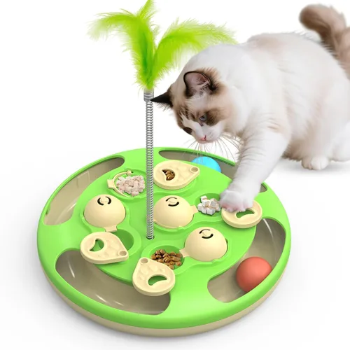 Miniatura 9 de Comedero de rompecabezas 3 en 1 para gatos, juguete interactivo de nivel 3 con bolas de pista, teaser de plumas e inserto de alimentador lento, base