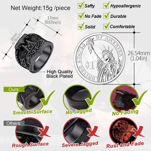 Miniatura 5 de FaithHeart Norse Viking Jewelry - Anillo de acero inoxidable de guerrero para hombre con diseño vikingo de cabeza de lobomartillo de Thor