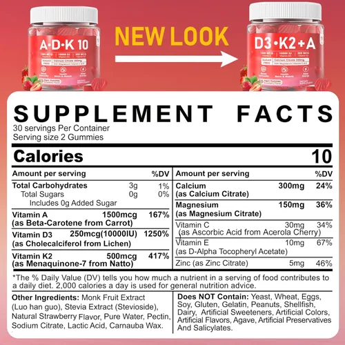 Miniatura 2 de Vitamina D3 + K2 + A Gummies 5000IU/10000 UI – Suplemento de vitamina D3 Con K2 con calcio magnesio zinc, vitamina C y E, alta dosis máxima