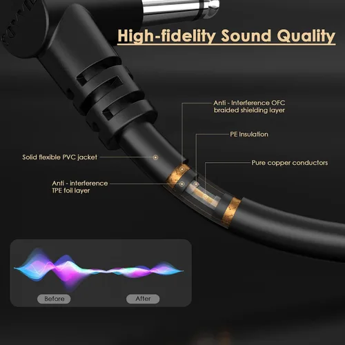 Miniatura 2 de Paquete de 3 cables de efecto de cable de parche de pedal de guitarra negro de 3 pulgadas, TS en ángulo recto de 1/4 pulgadas