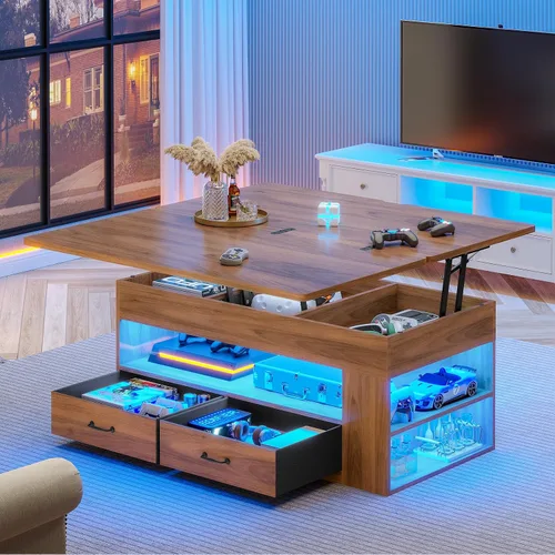 Miniatura 12 de Itaar - Mesa auxiliar con tapa elevable, mesa de centro 4 en 1 con almacenamiento y compartimento oculto, mesa de centro de estilo granja con 2