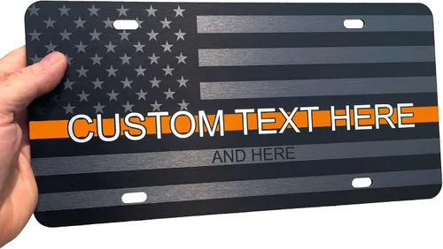 Miniatura 50 de JASS GRAPHIX Placa de matrícula personalizada con la bandera estadounidense de línea amarilla, homenaje personalizado a despachadores y operadores