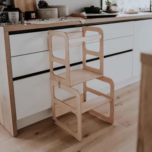 Miniatura 7 de Torre de cocina Montessori y taburete de observación para niños, mesa y silla plegable, torre de observación de cocina (color lacado/madera)