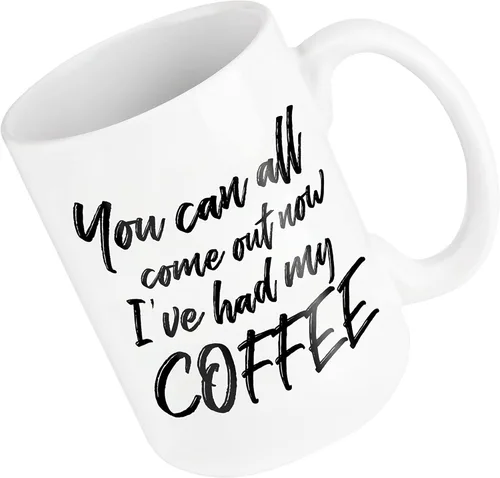 Taza de café divertida con texto en inglés "Come Out Now"; bonita taza de cerámica blanca de 15 onzas con un eslogan genial; gran regalo único de