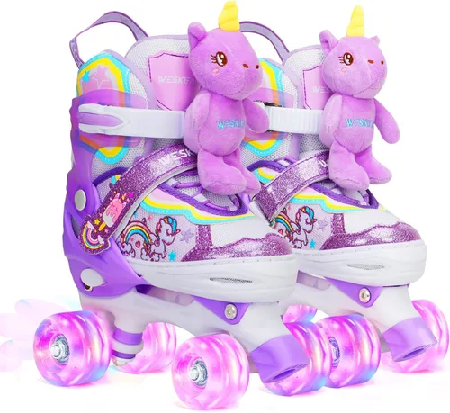 Miniatura 8 de Dino - Patines de ruedas para niños y niñas, WESKIFAN Dinosaur Quad Skating Shoes con ruedas brillantes y tamaños ajustables para principiantes