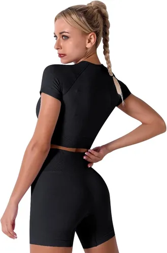 Miniatura 3 de Conjuntos de 2 piezas sin costuras para yoga y entrenamiento - con ombliguera de manga corta y pantalones cortos de tiro alto para correr